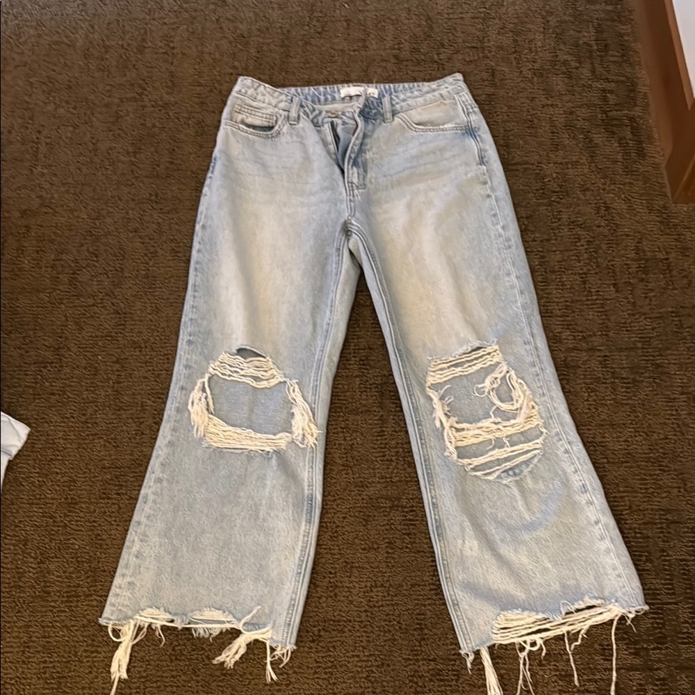 Blue Flare Wide Leg Distressed Jeans